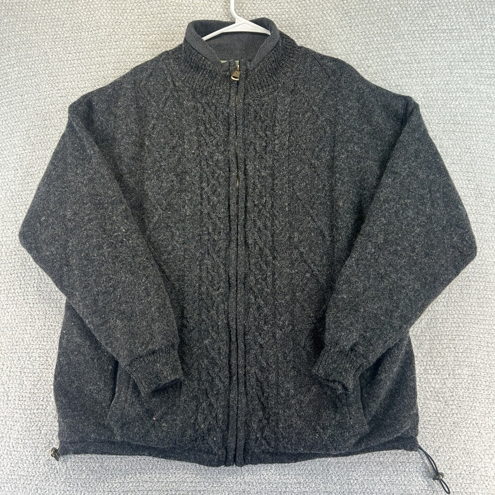 Aran Woollen Mills Full Zip Sweater Mens Large Gray Pure New Wool Cable Knit
